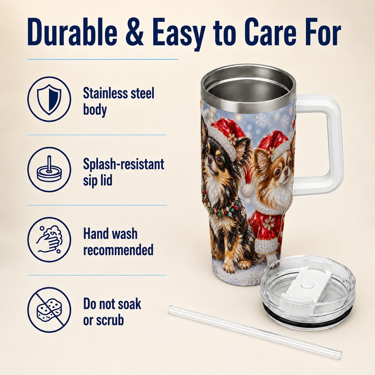 #pl[40oz|White] Christmas Chihuahua 40oz Tumbler, Jeweled Dog Stainless Steel Travel Cup