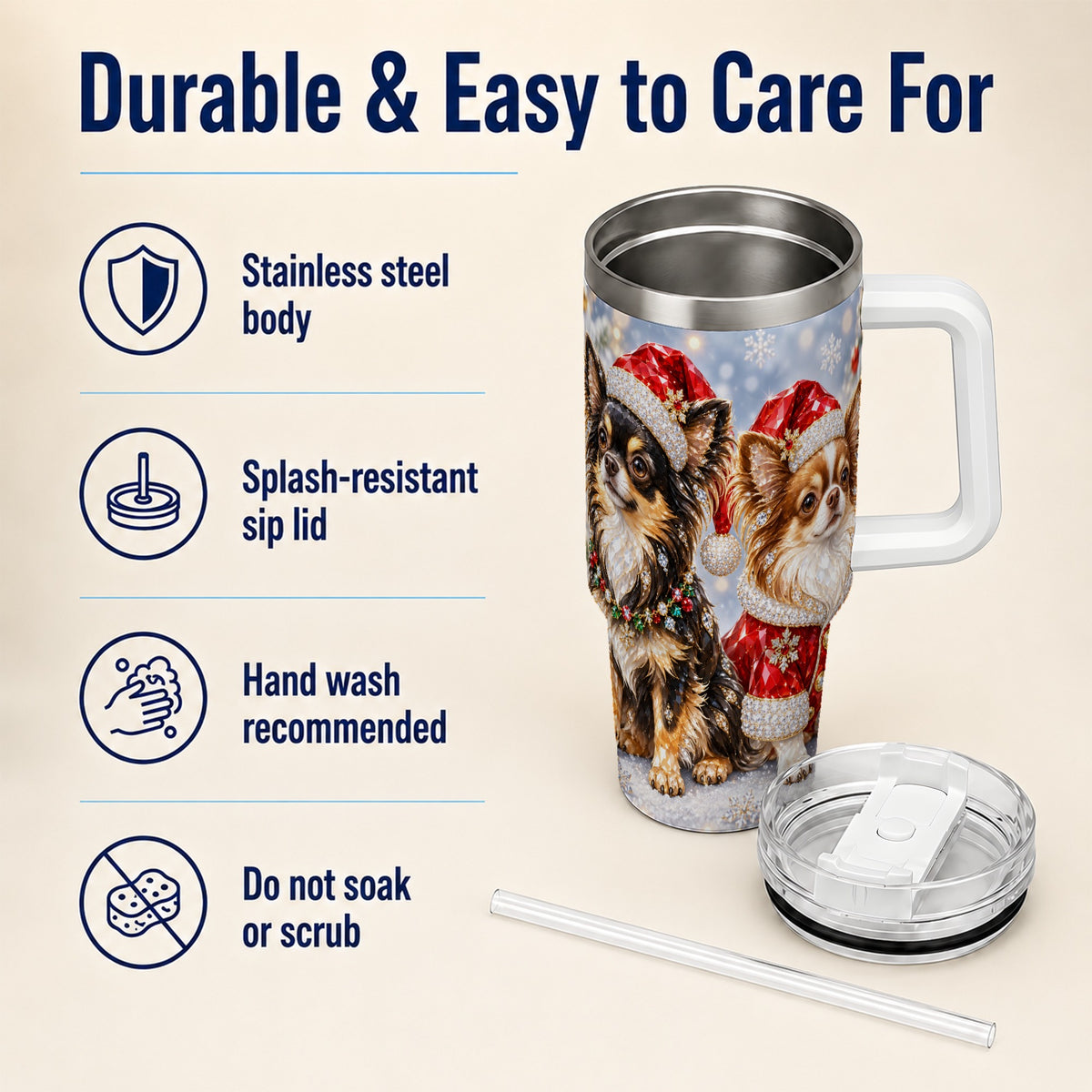 #pl[40oz|White] Christmas Chihuahua 40oz Tumbler, Jeweled Dog Stainless Steel Travel Cup