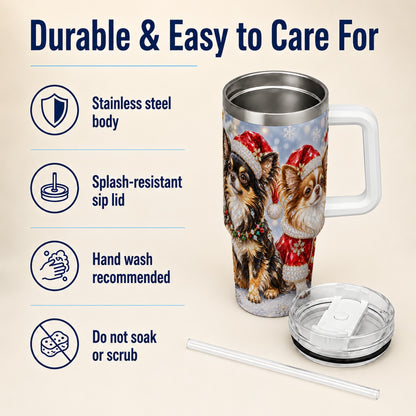 #pl[40oz|White] Christmas Chihuahua 40oz Tumbler, Jeweled Dog Stainless Steel Travel Cup
