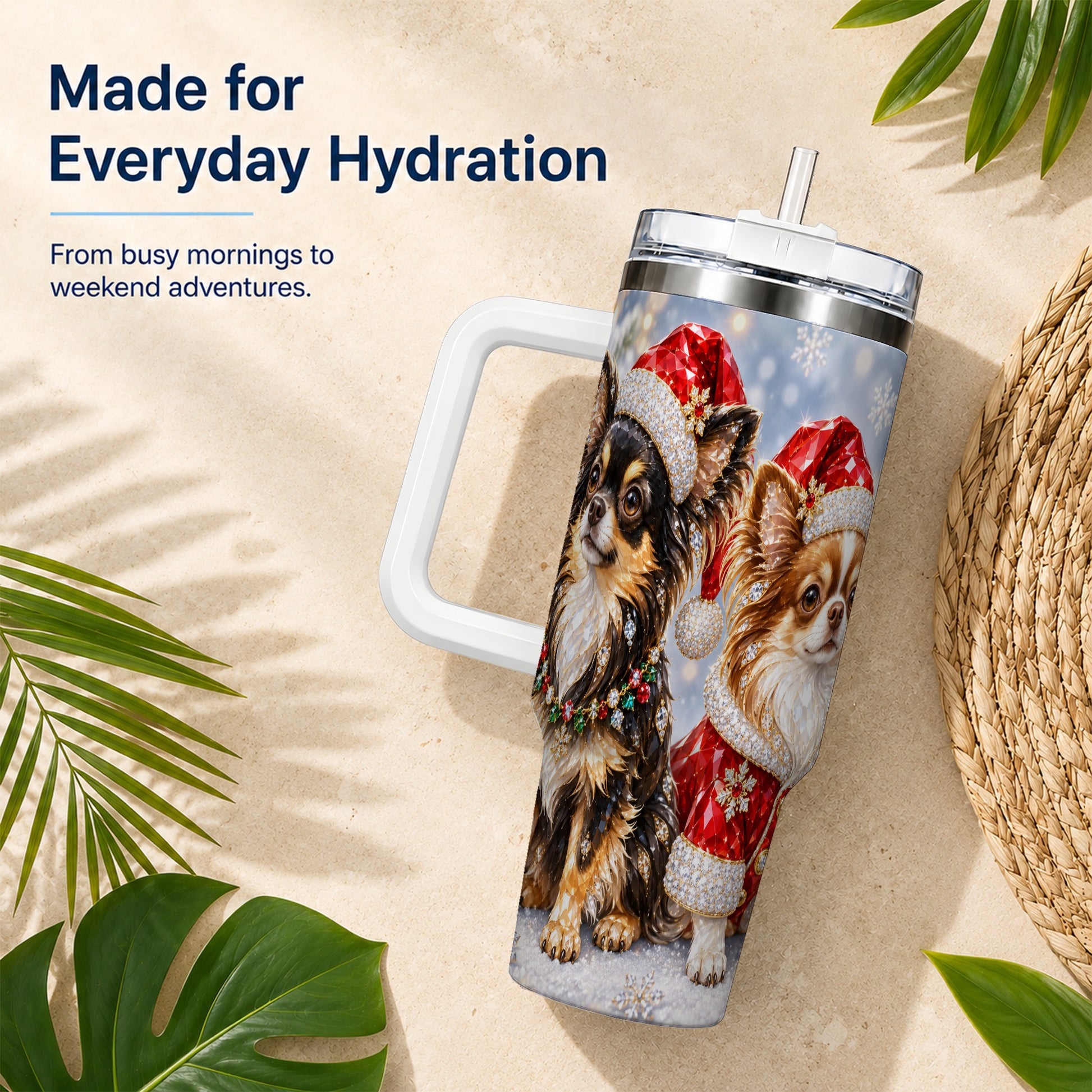 #pl[40oz|White] Christmas Chihuahua 40oz Tumbler, Jeweled Dog Stainless Steel Travel Cup