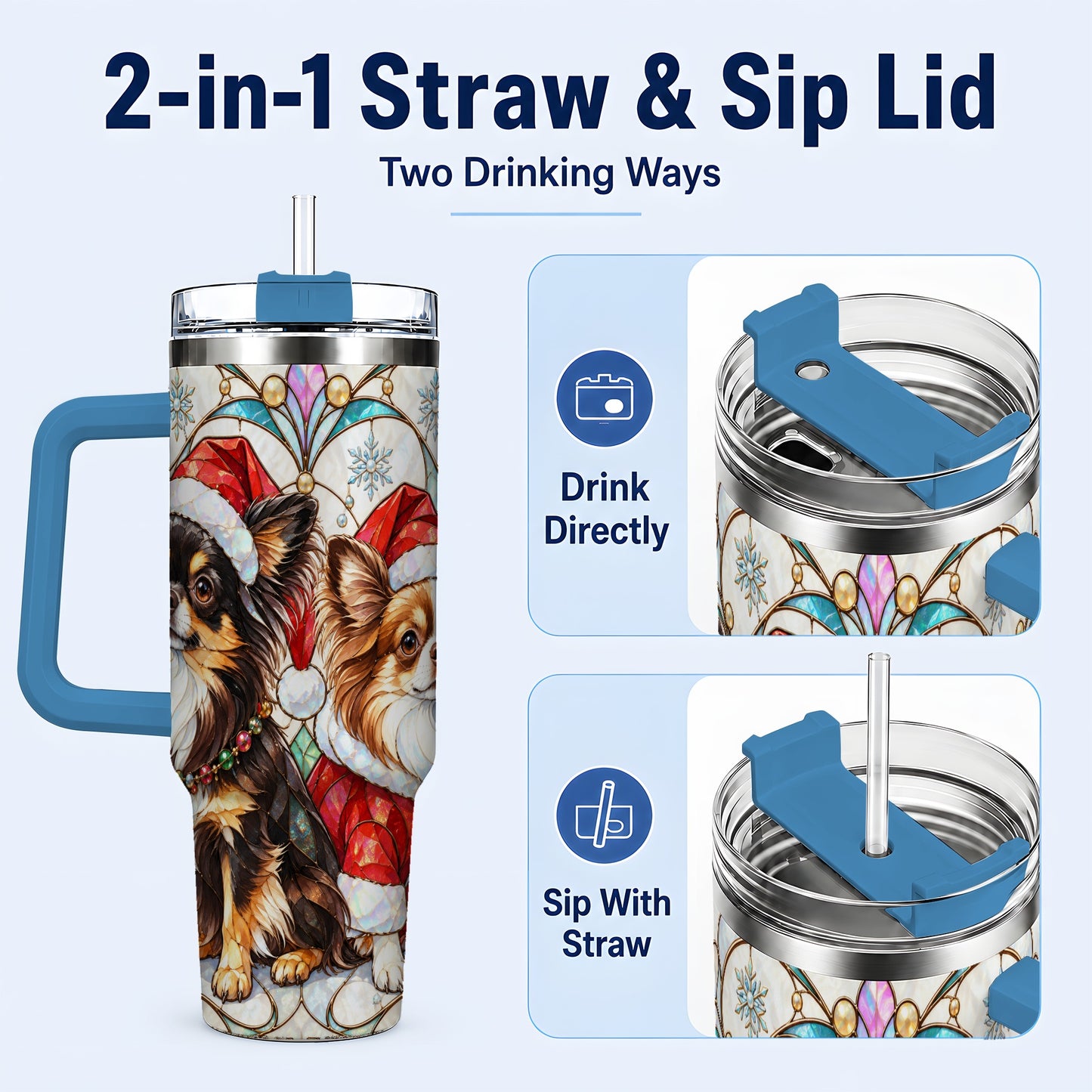 #pl[40oz|Blue] Christmas Chihuahua 40oz Tumbler, Art Nouveau Stainless Steel Travel Cup