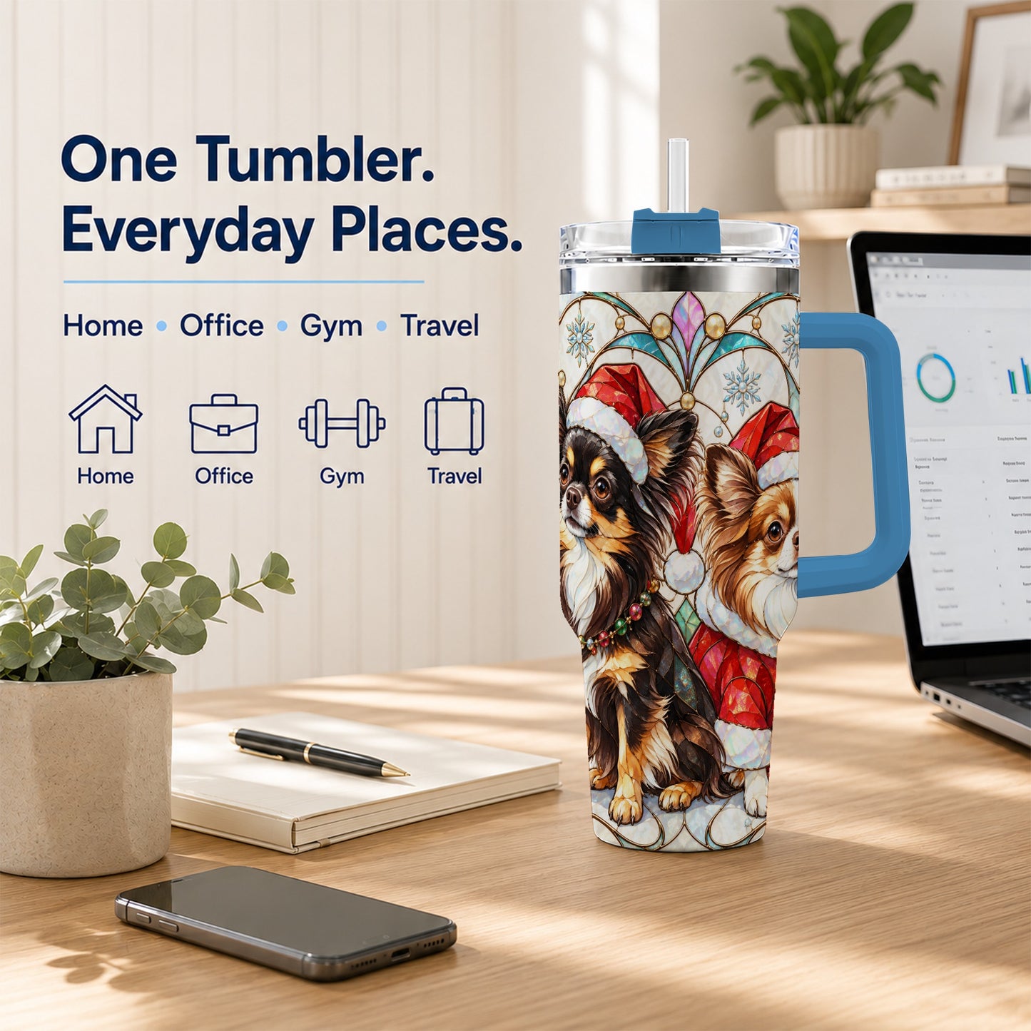 #pl[40oz|Blue] Christmas Chihuahua 40oz Tumbler, Art Nouveau Stainless Steel Travel Cup