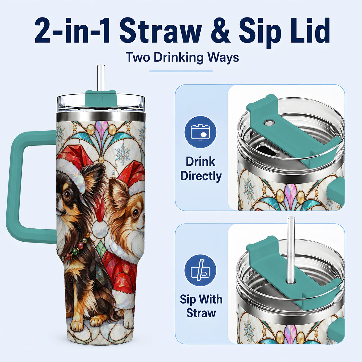 #pl[40oz|Green] Christmas Chihuahua 40oz Tumbler, Art Nouveau Stainless Steel Travel Cup