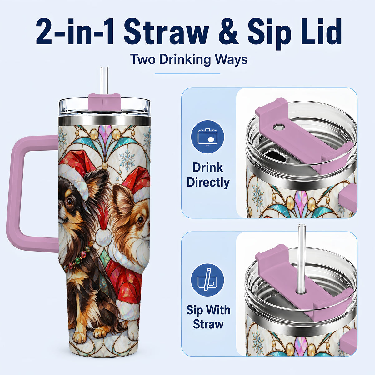 #pl[40oz|Pink] Christmas Chihuahua 40oz Tumbler, Art Nouveau Stainless Steel Travel Cup