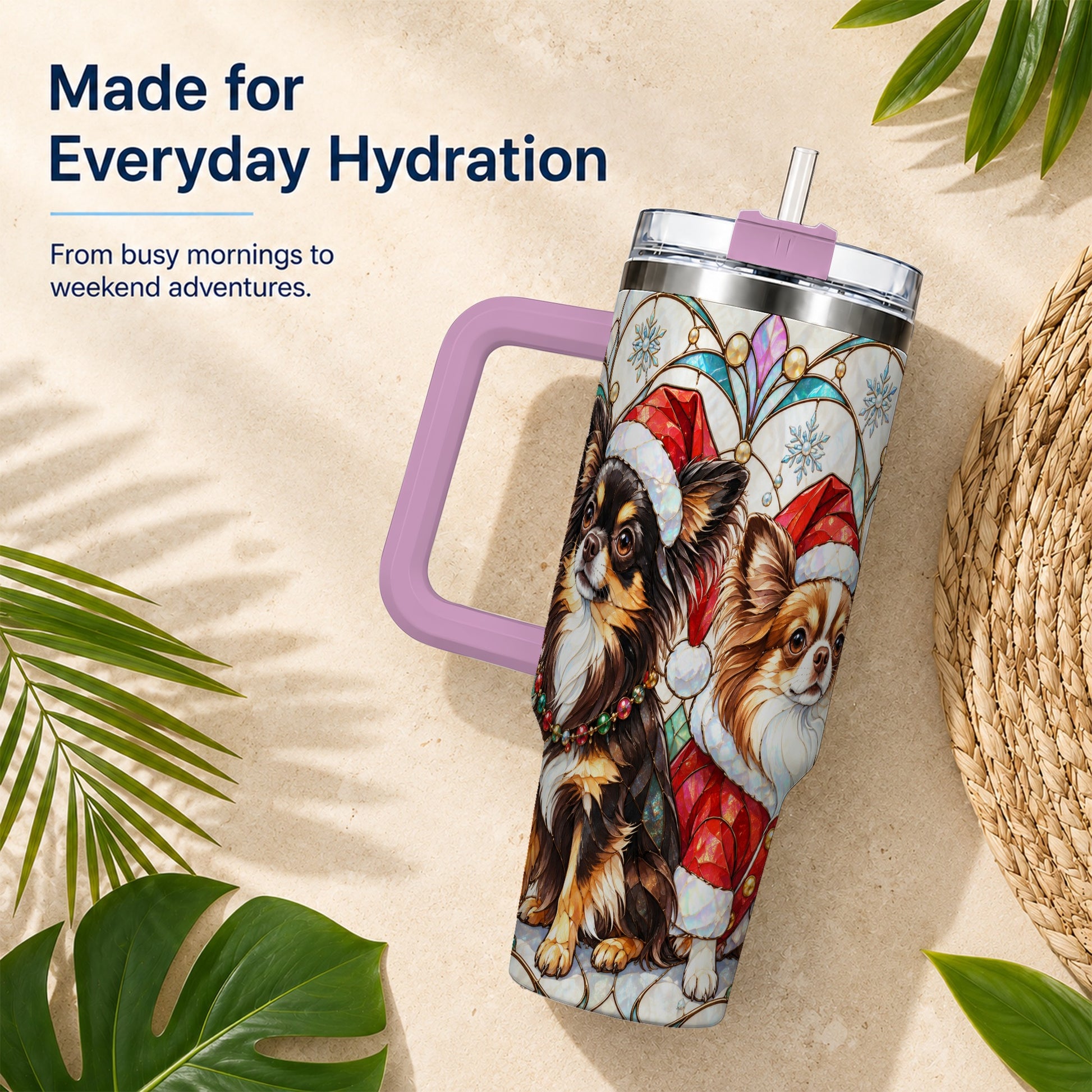 #pl[40oz|Pink] Christmas Chihuahua 40oz Tumbler, Art Nouveau Stainless Steel Travel Cup