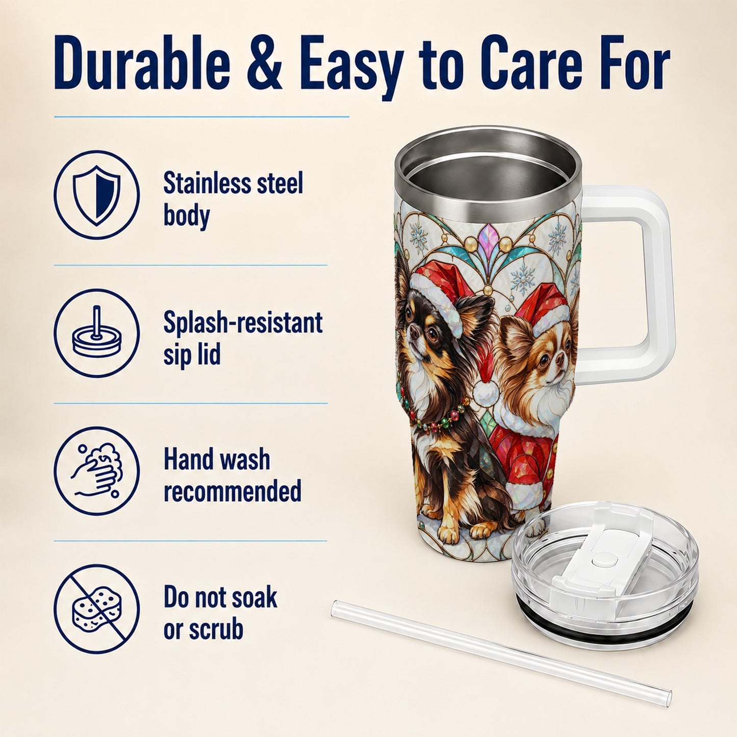 #pl[40oz|White] Christmas Chihuahua 40oz Tumbler, Art Nouveau Stainless Steel Travel Cup
