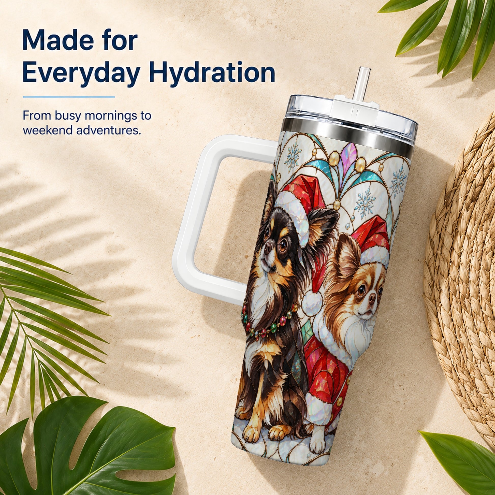 #pl[40oz|White] Christmas Chihuahua 40oz Tumbler, Art Nouveau Stainless Steel Travel Cup