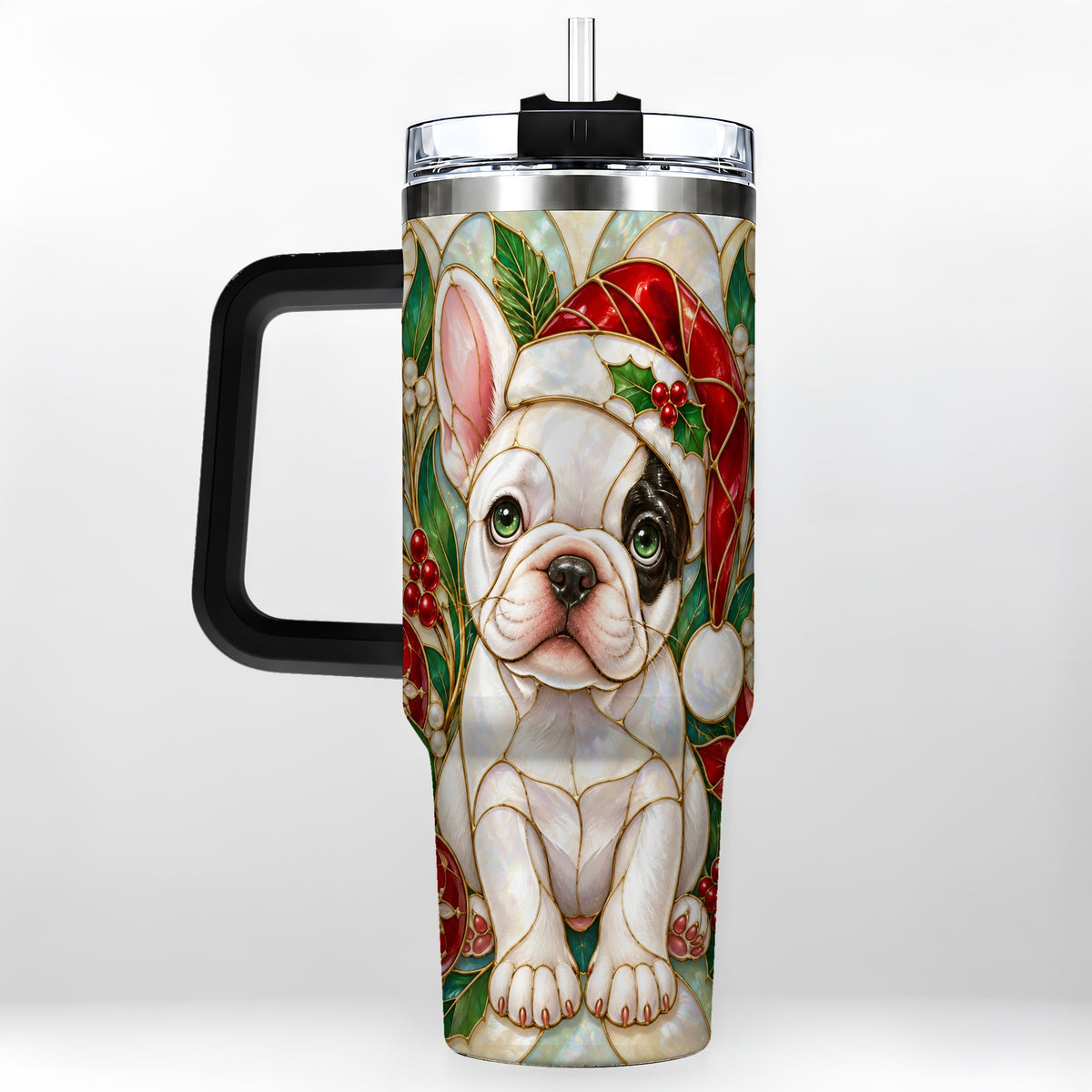 #pl[40oz|Black] Christmas French Bulldog 40oz Tumbler with Handle, Holiday Travel Cup