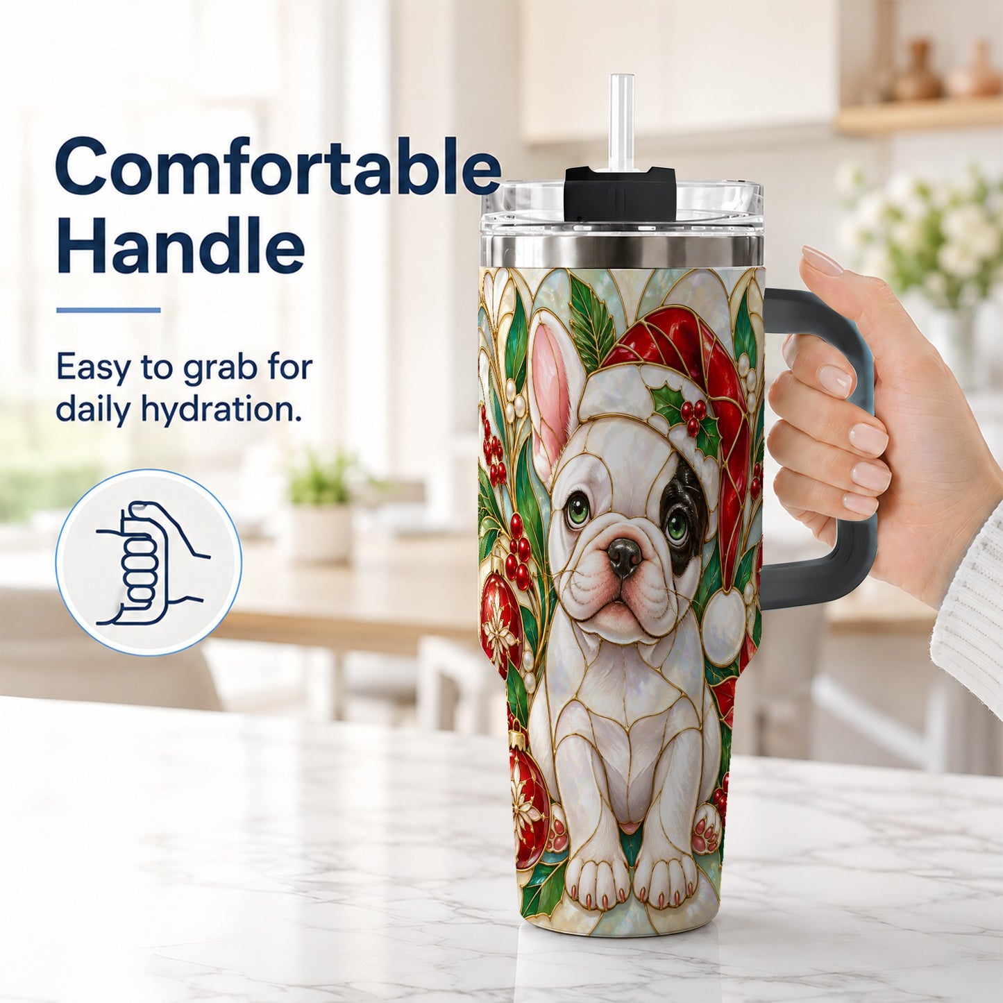 #pl[40oz|Black] Christmas French Bulldog 40oz Tumbler with Handle, Holiday Travel Cup