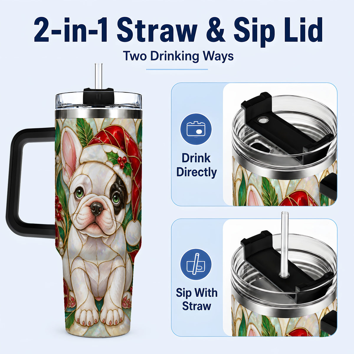 #pl[40oz|Black] Christmas French Bulldog 40oz Tumbler with Handle, Holiday Travel Cup