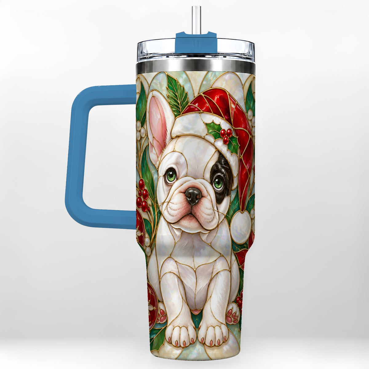 #pl[40oz|Blue] Christmas French Bulldog 40oz Tumbler with Handle, Holiday Travel Cup