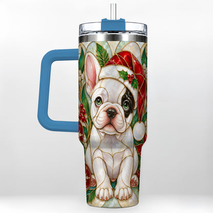 #pl[40oz|Blue] Christmas French Bulldog 40oz Tumbler with Handle, Holiday Travel Cup
