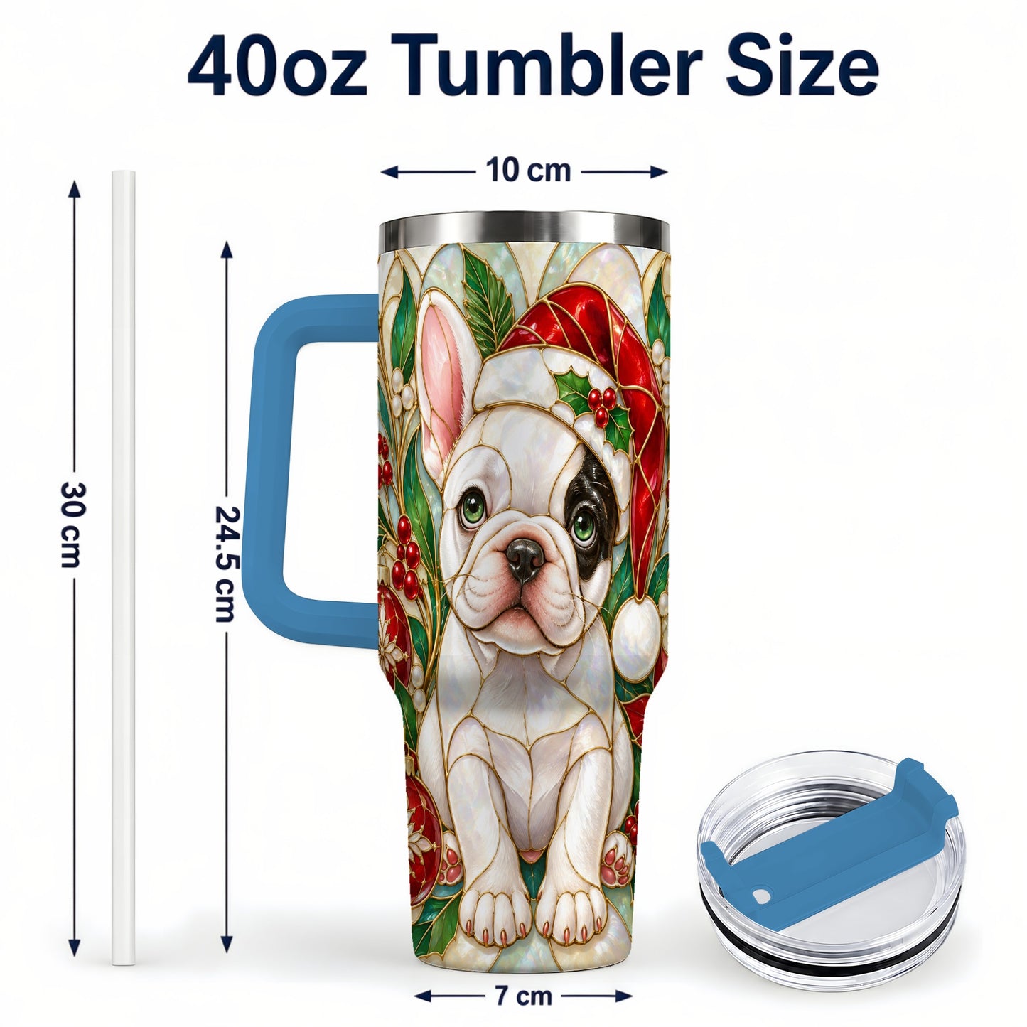 #pl[40oz|Blue] Christmas French Bulldog 40oz Tumbler with Handle, Holiday Travel Cup