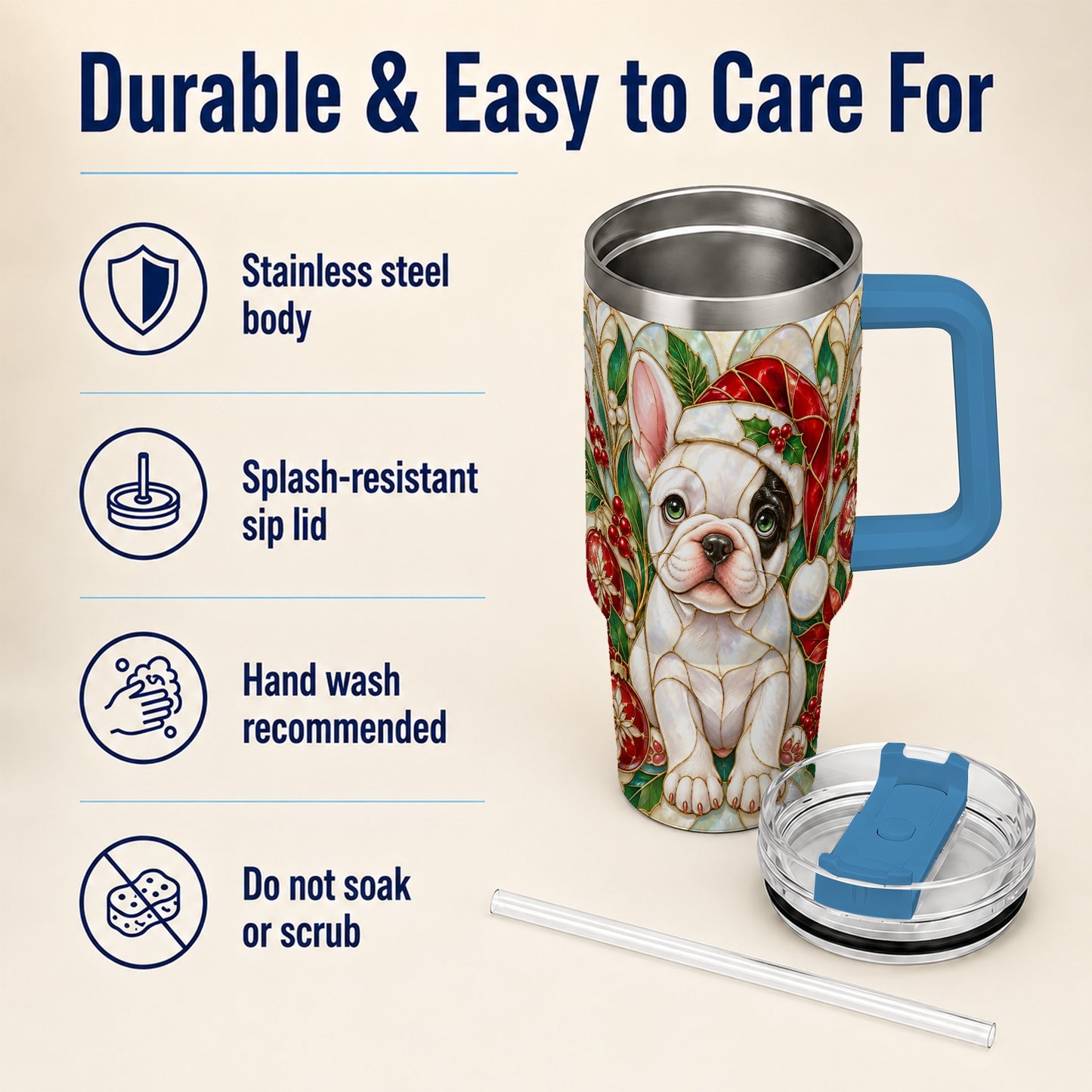 #pl[40oz|Blue] Christmas French Bulldog 40oz Tumbler with Handle, Holiday Travel Cup
