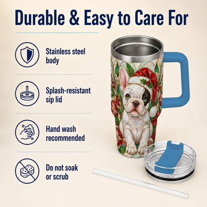 #pl[40oz|Blue] Christmas French Bulldog 40oz Tumbler with Handle, Holiday Travel Cup