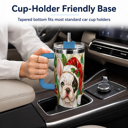 #pl[40oz|Blue] Christmas French Bulldog 40oz Tumbler with Handle, Holiday Travel Cup