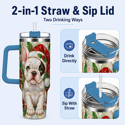 #pl[40oz|Blue] Christmas French Bulldog 40oz Tumbler with Handle, Holiday Travel Cup