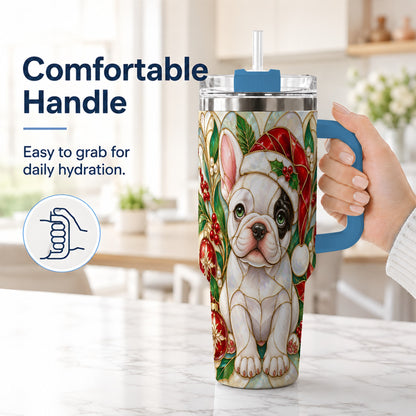 #pl[40oz|Blue] Christmas French Bulldog 40oz Tumbler with Handle, Holiday Travel Cup