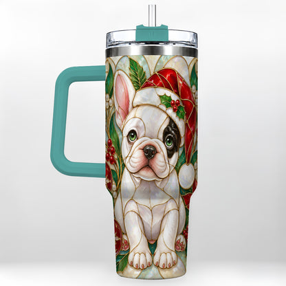 #pl[40oz|Green] Christmas French Bulldog 40oz Tumbler with Handle, Holiday Travel Cup