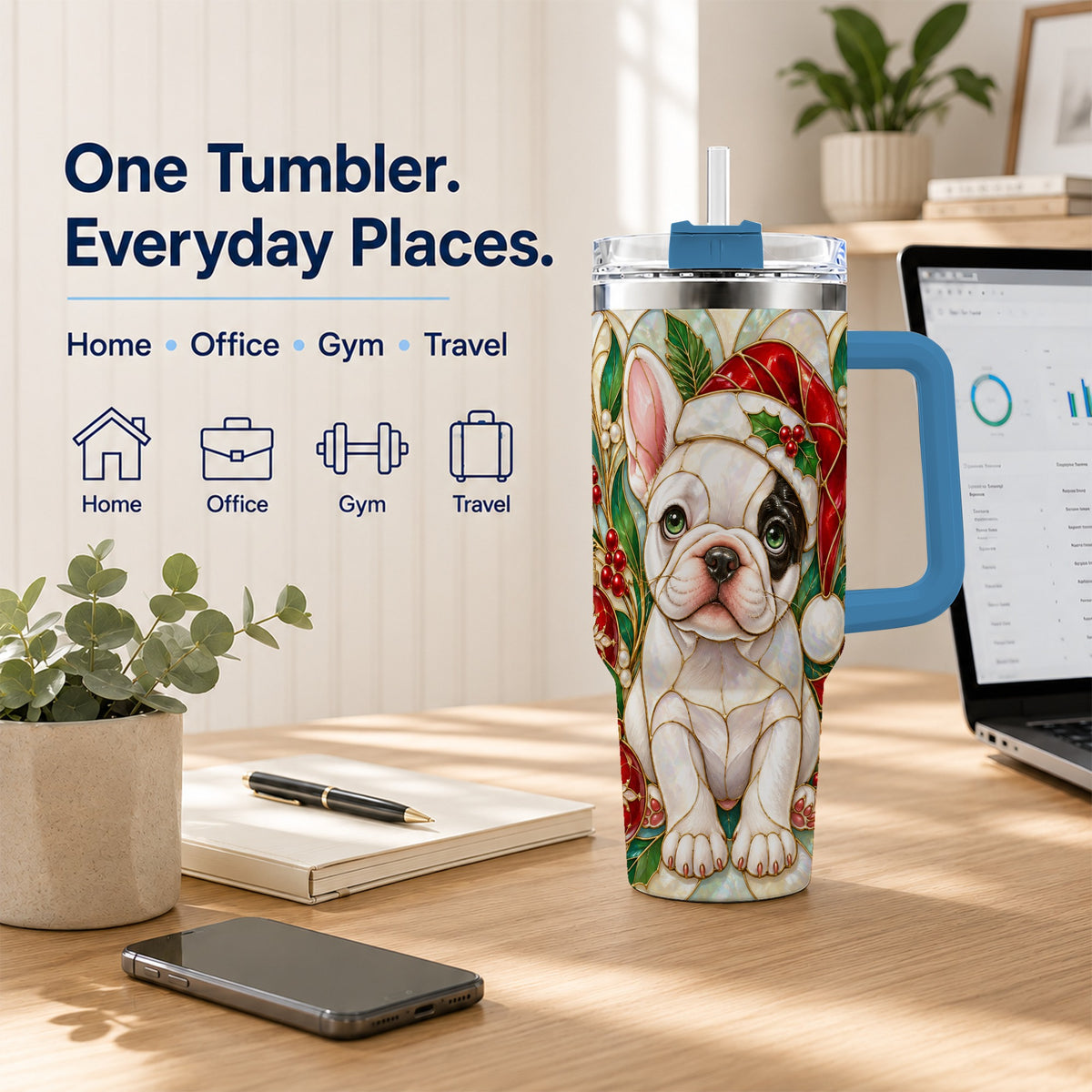 #pl[40oz|Blue] Christmas French Bulldog 40oz Tumbler with Handle, Holiday Travel Cup