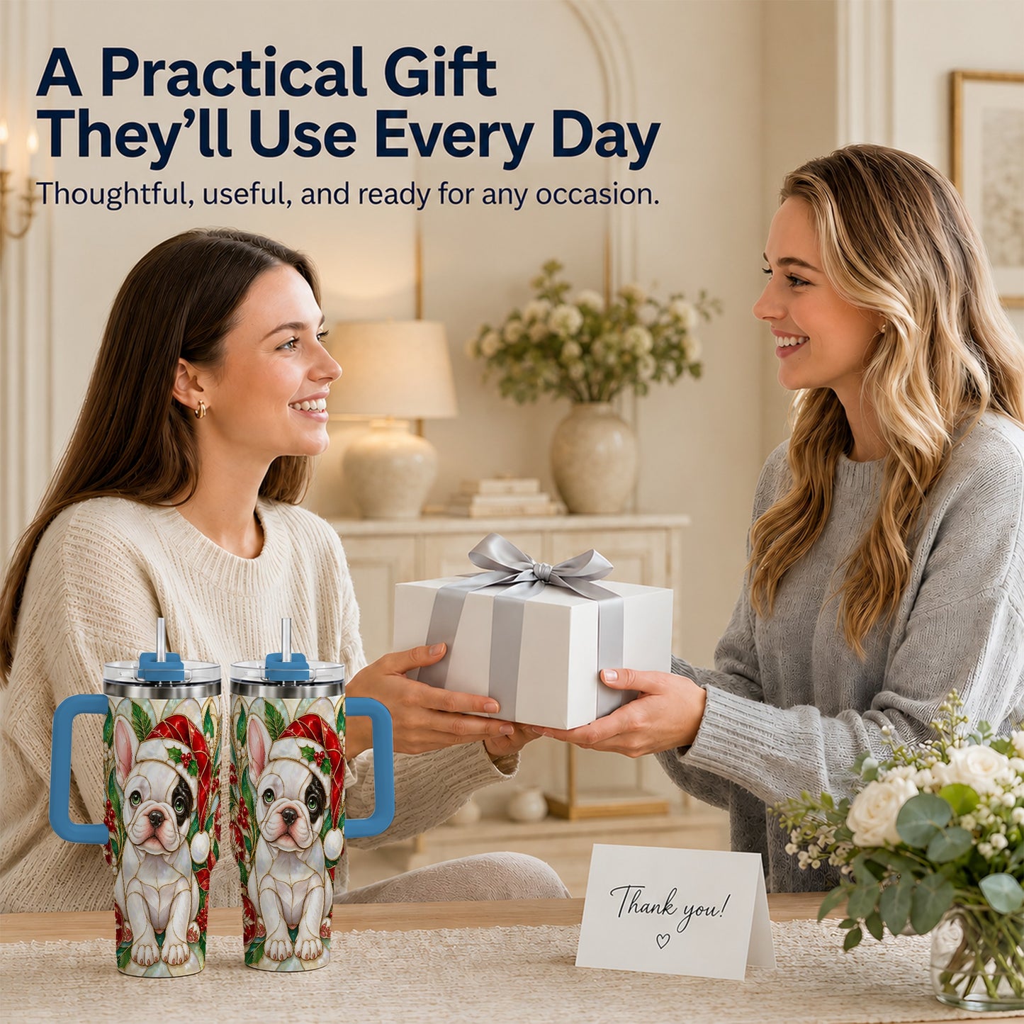 #pl[40oz|Blue] Christmas French Bulldog 40oz Tumbler with Handle, Holiday Travel Cup