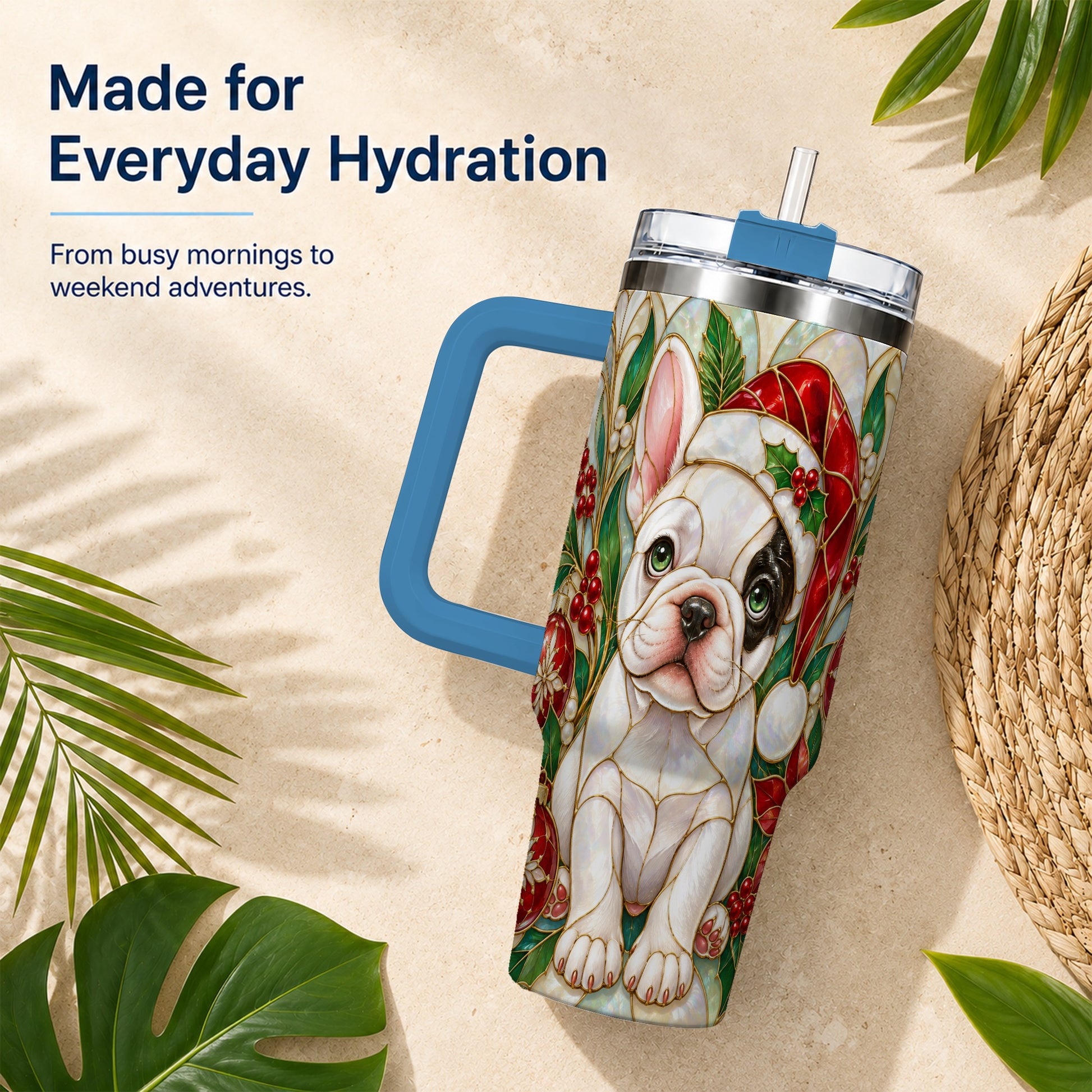 #pl[40oz|Blue] Christmas French Bulldog 40oz Tumbler with Handle, Holiday Travel Cup