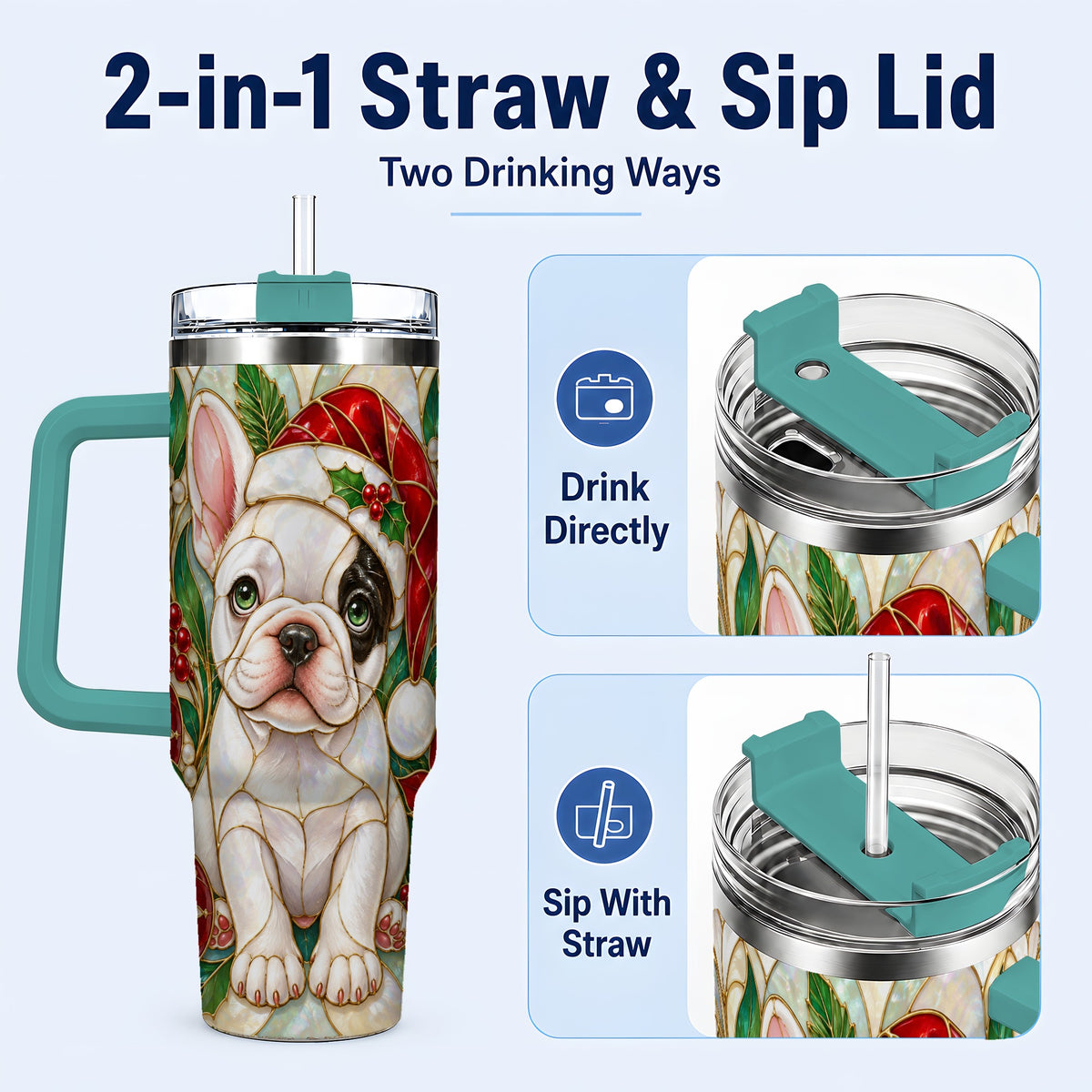 #pl[40oz|Green] Christmas French Bulldog 40oz Tumbler with Handle, Holiday Travel Cup