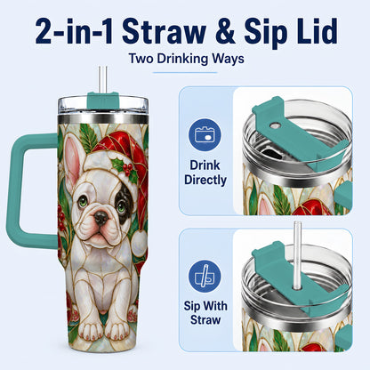 #pl[40oz|Green] Christmas French Bulldog 40oz Tumbler with Handle, Holiday Travel Cup