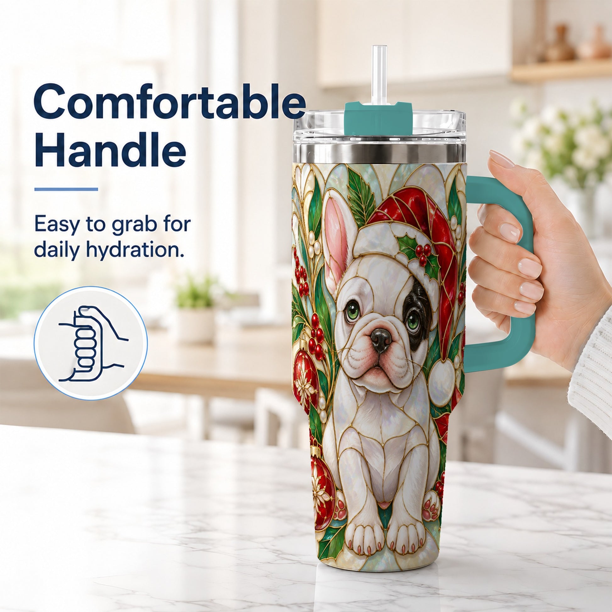 #pl[40oz|Green] Christmas French Bulldog 40oz Tumbler with Handle, Holiday Travel Cup