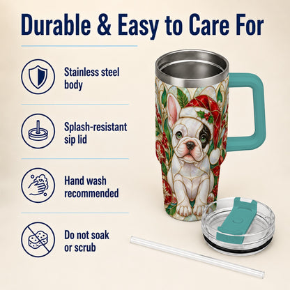 #pl[40oz|Green] Christmas French Bulldog 40oz Tumbler with Handle, Holiday Travel Cup