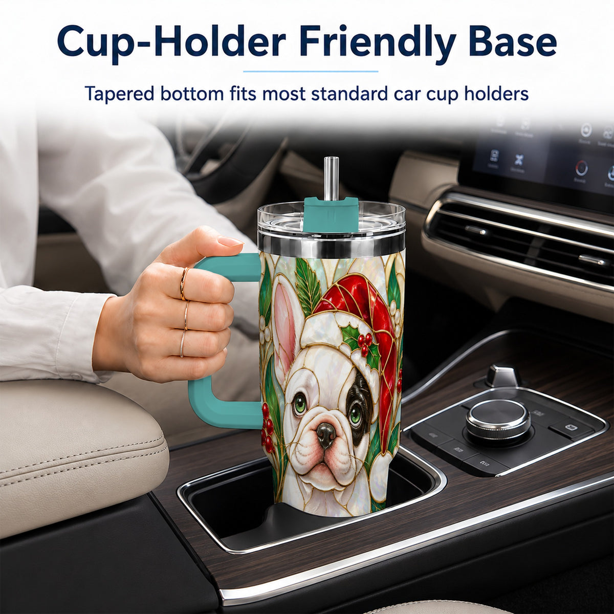 #pl[40oz|Green] Christmas French Bulldog 40oz Tumbler with Handle, Holiday Travel Cup