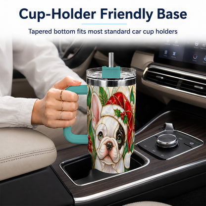 #pl[40oz|Green] Christmas French Bulldog 40oz Tumbler with Handle, Holiday Travel Cup