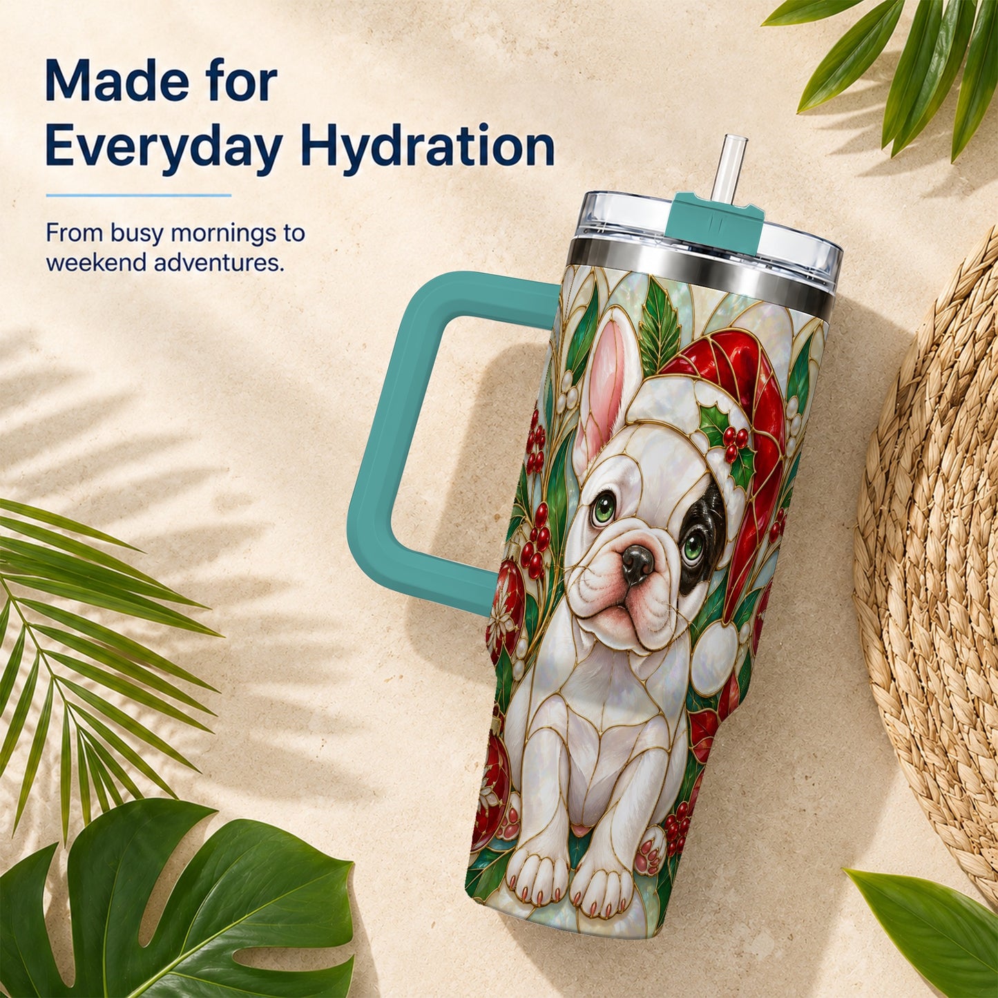 #pl[40oz|Green] Christmas French Bulldog 40oz Tumbler with Handle, Holiday Travel Cup