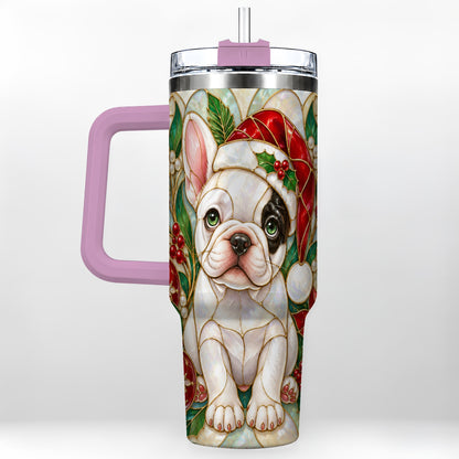 #pl[40oz|Pink] Christmas French Bulldog 40oz Tumbler with Handle, Holiday Travel Cup