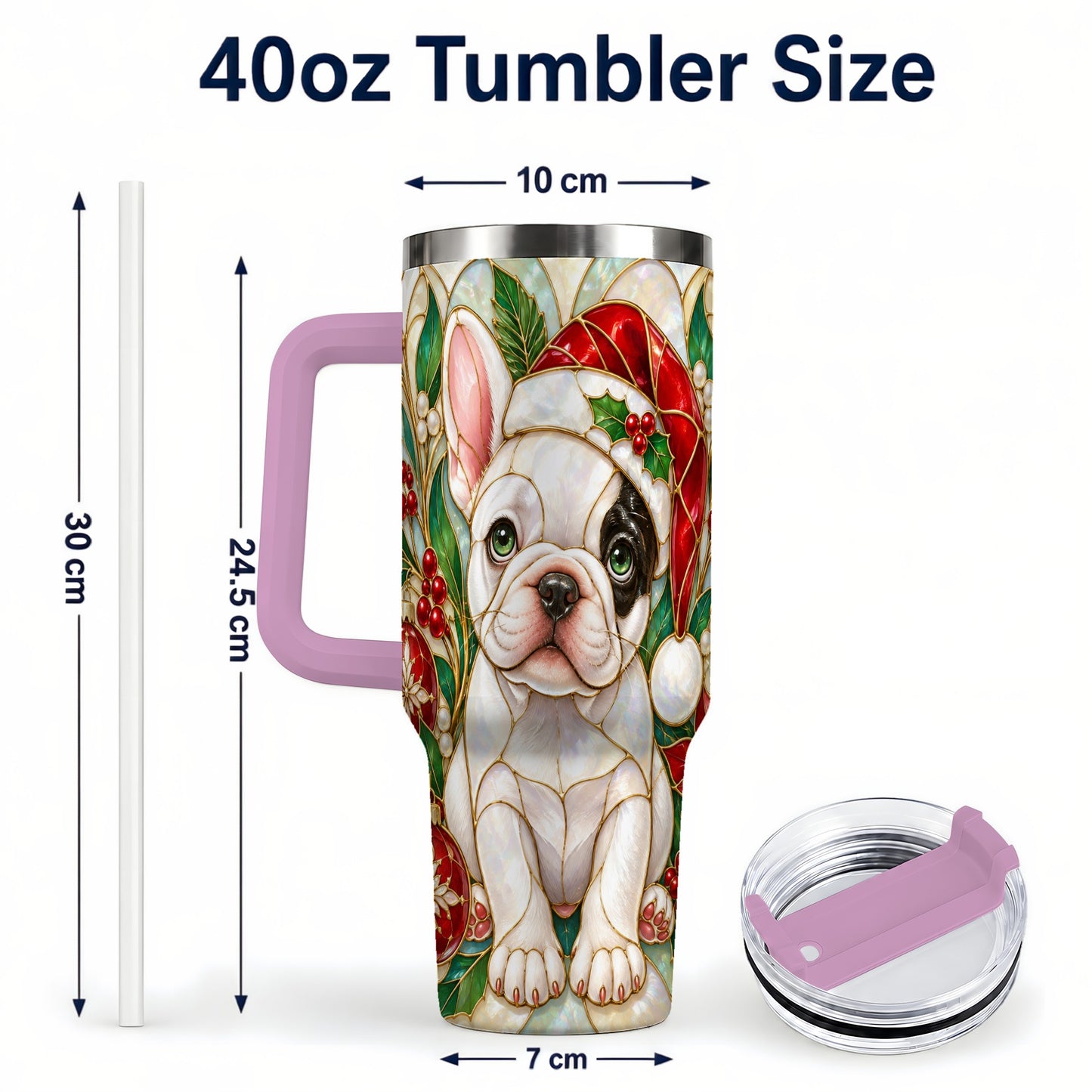 #pl[40oz|Pink] Christmas French Bulldog 40oz Tumbler with Handle, Holiday Travel Cup