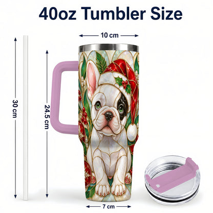 #pl[40oz|Pink] Christmas French Bulldog 40oz Tumbler with Handle, Holiday Travel Cup