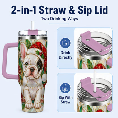 #pl[40oz|Pink] Christmas French Bulldog 40oz Tumbler with Handle, Holiday Travel Cup