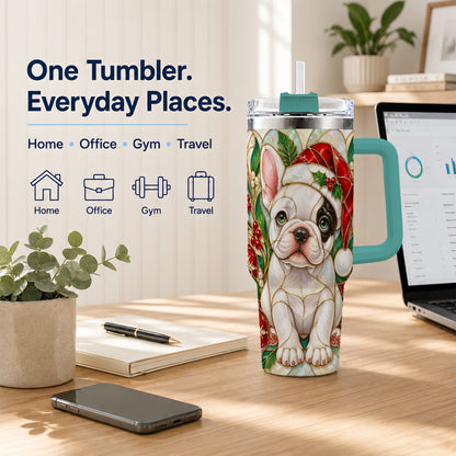 #pl[40oz|Green] Christmas French Bulldog 40oz Tumbler with Handle, Holiday Travel Cup
