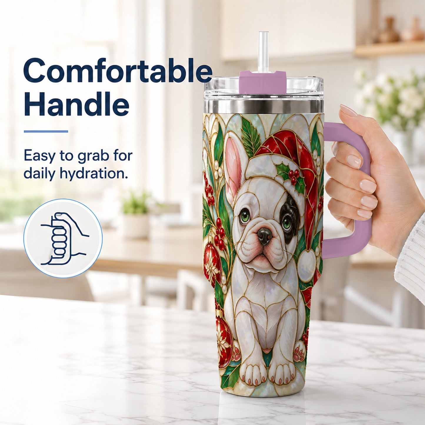 #pl[40oz|Pink] Christmas French Bulldog 40oz Tumbler with Handle, Holiday Travel Cup