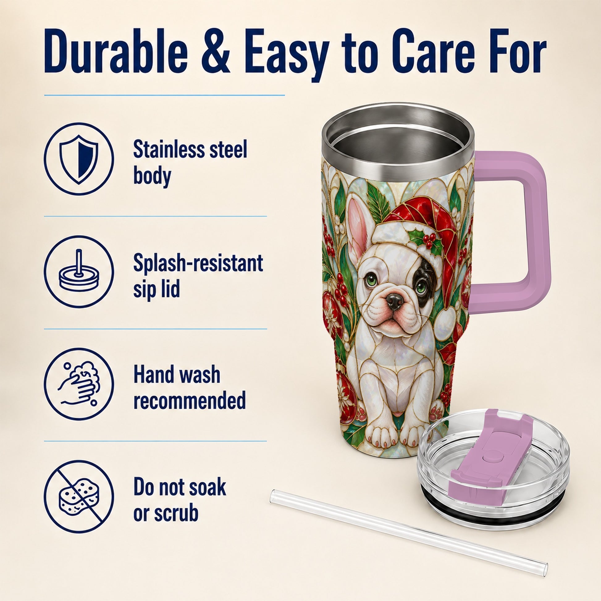 #pl[40oz|Pink] Christmas French Bulldog 40oz Tumbler with Handle, Holiday Travel Cup