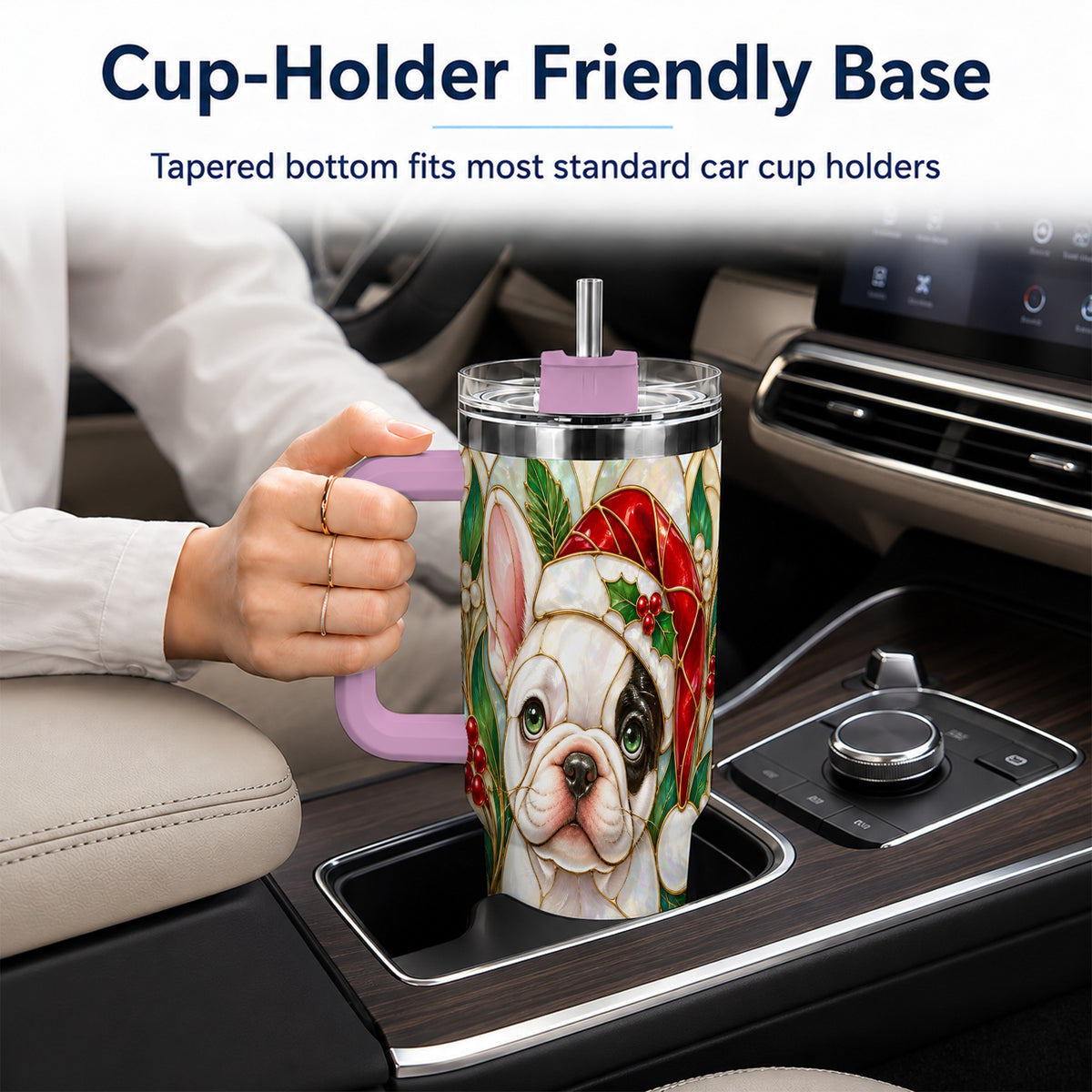 #pl[40oz|Pink] Christmas French Bulldog 40oz Tumbler with Handle, Holiday Travel Cup