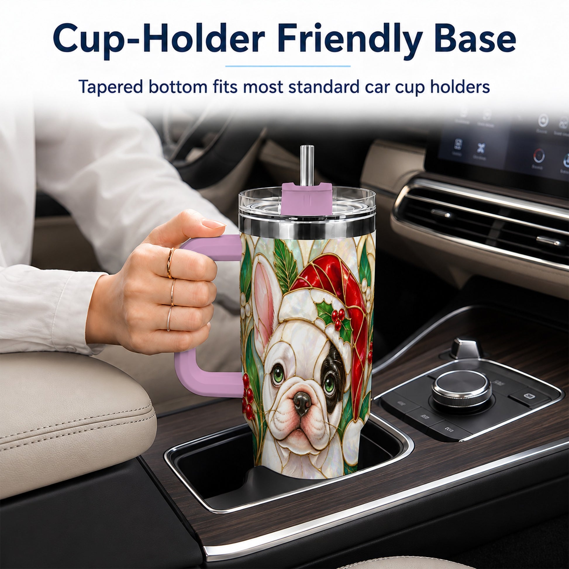 #pl[40oz|Pink] Christmas French Bulldog 40oz Tumbler with Handle, Holiday Travel Cup