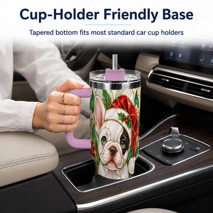 #pl[40oz|Pink] Christmas French Bulldog 40oz Tumbler with Handle, Holiday Travel Cup