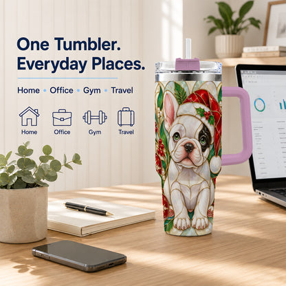 #pl[40oz|Pink] Christmas French Bulldog 40oz Tumbler with Handle, Holiday Travel Cup