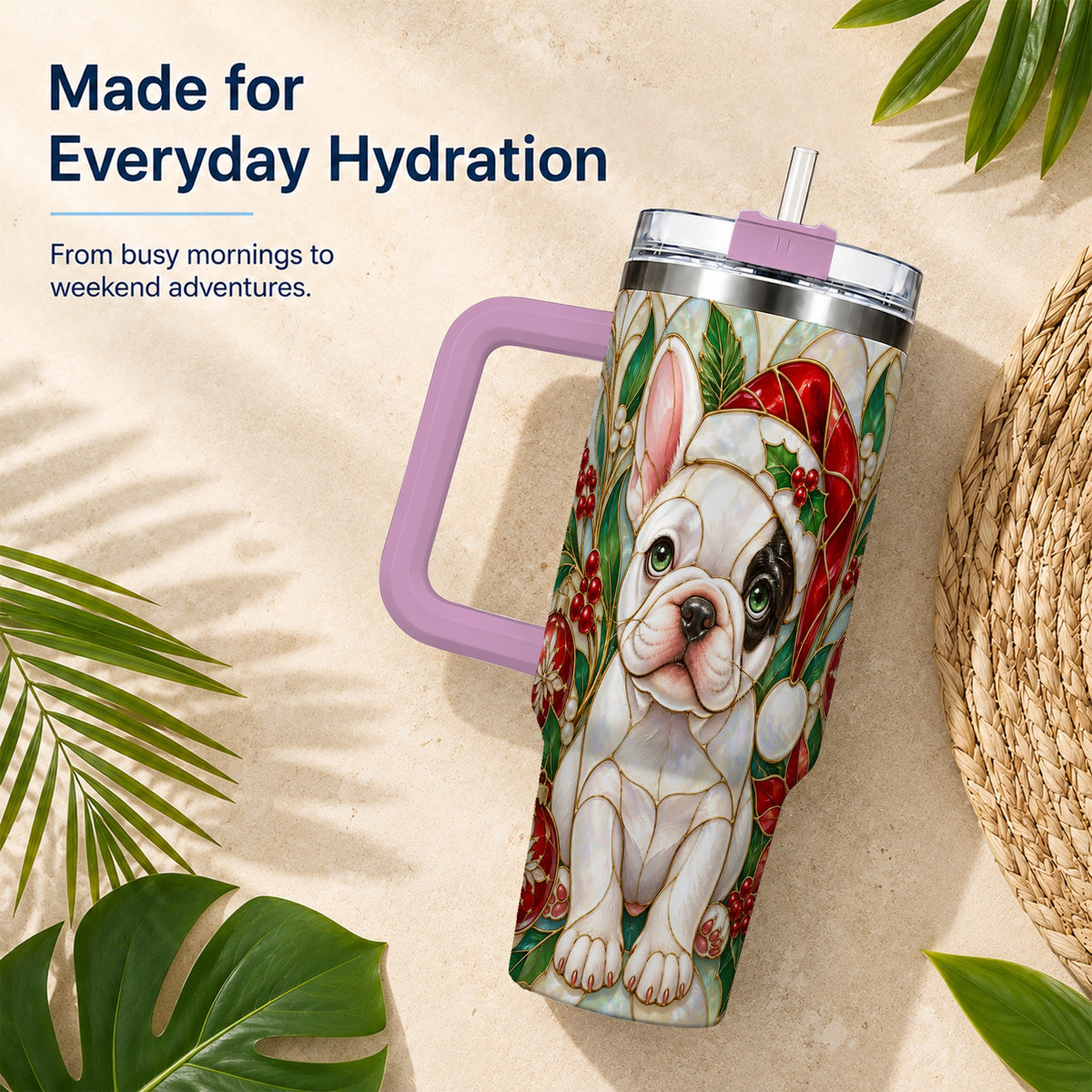 #pl[40oz|Pink] Christmas French Bulldog 40oz Tumbler with Handle, Holiday Travel Cup
