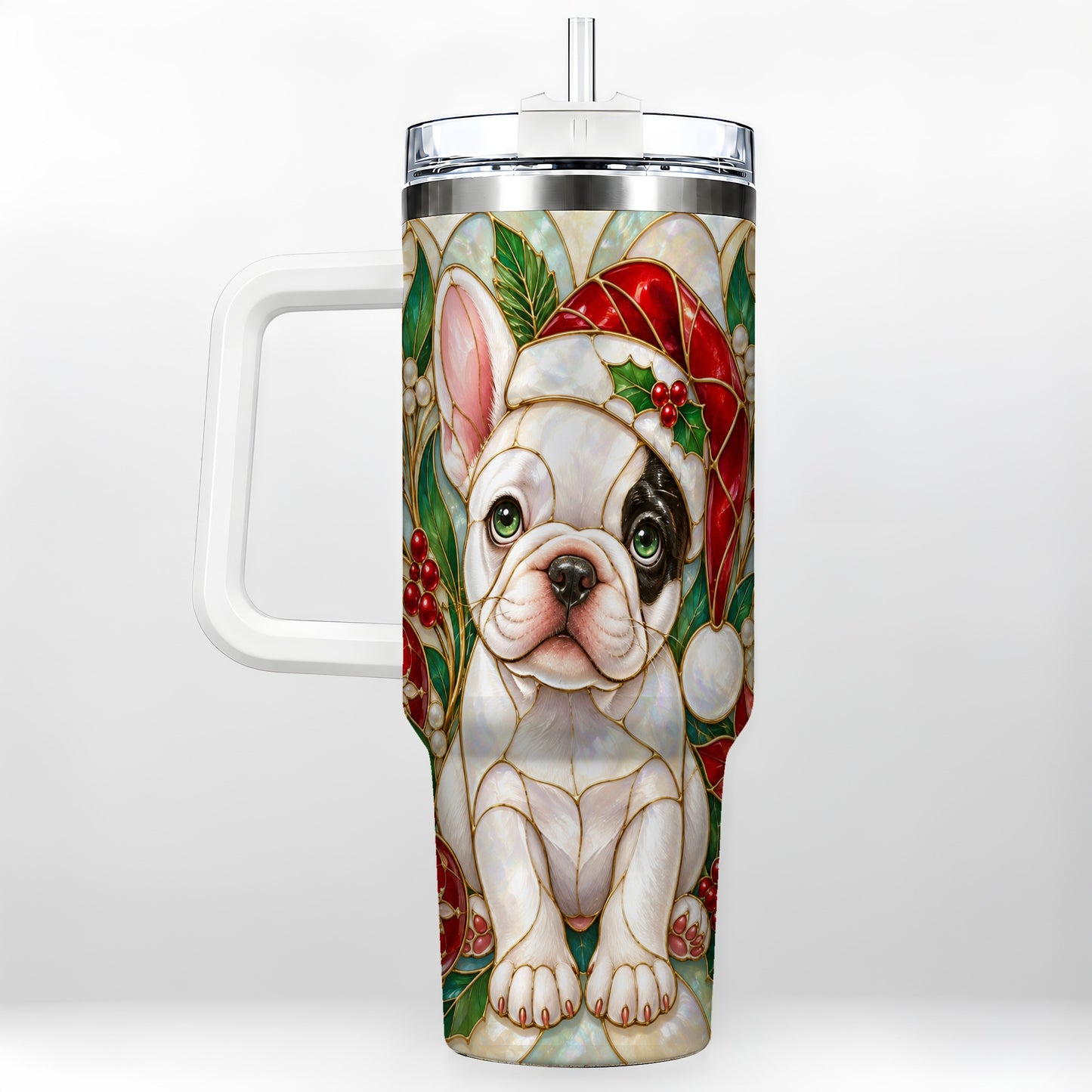 Christmas French Bulldog 40oz Tumbler with Handle, Holiday Travel Cup
