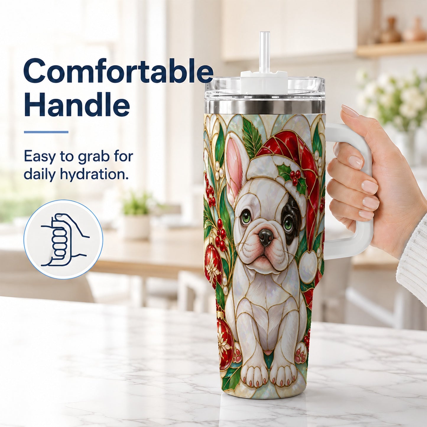 #pl[40oz|White] Christmas French Bulldog 40oz Tumbler with Handle, Holiday Travel Cup