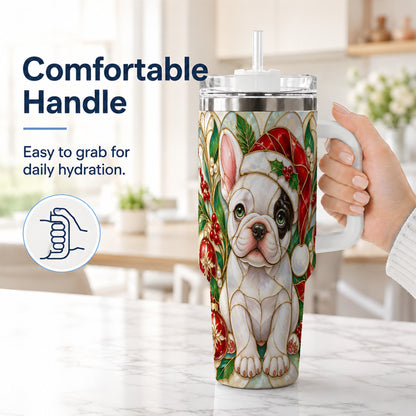 #pl[40oz|White] Christmas French Bulldog 40oz Tumbler with Handle, Holiday Travel Cup