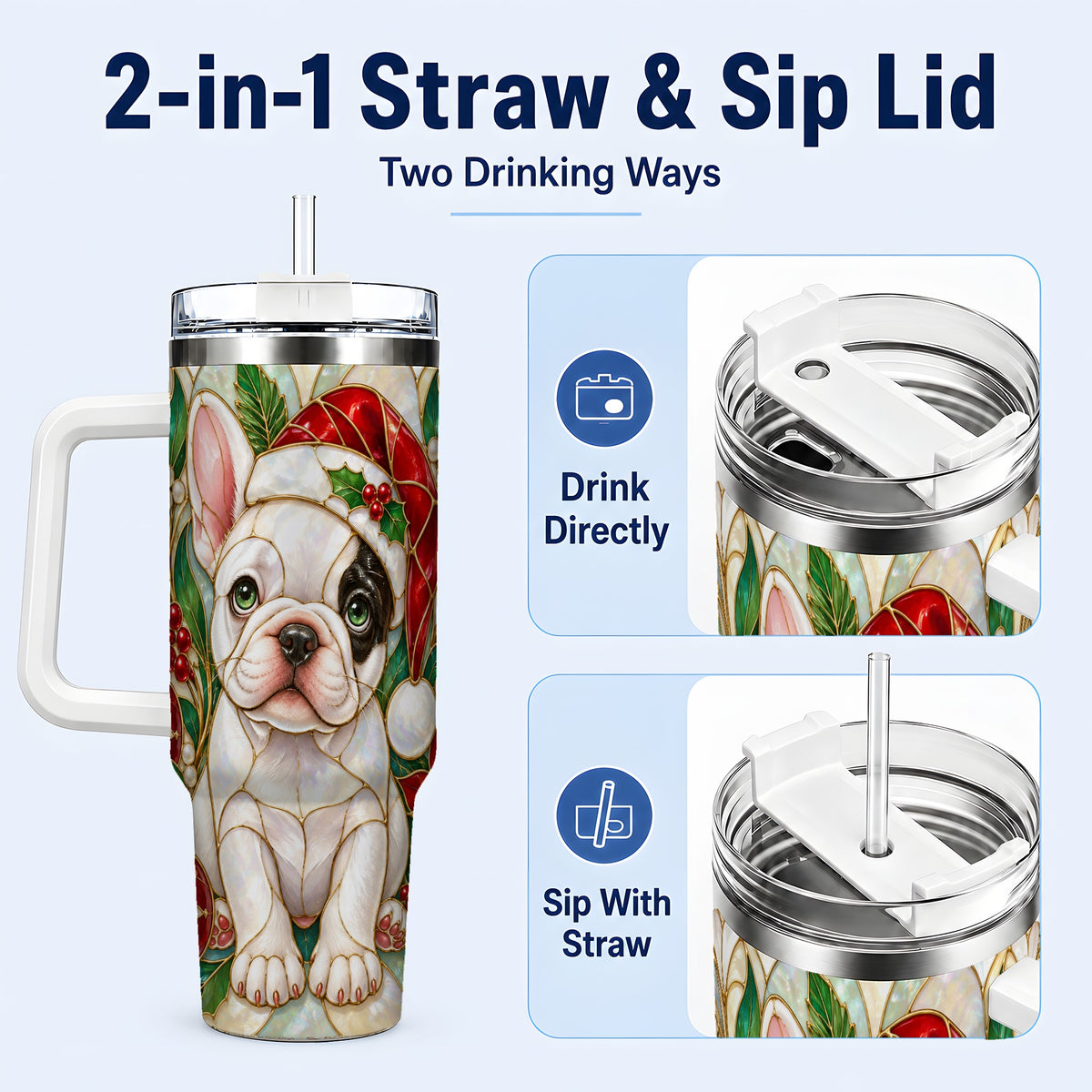 #pl[40oz|White] Christmas French Bulldog 40oz Tumbler with Handle, Holiday Travel Cup