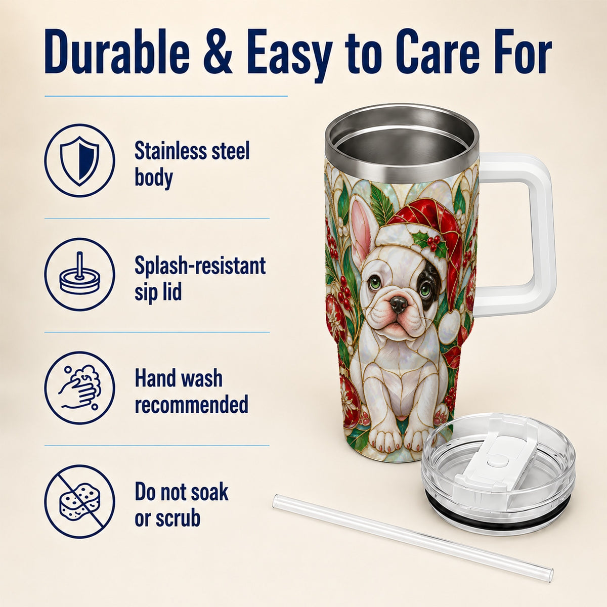 #pl[40oz|White] Christmas French Bulldog 40oz Tumbler with Handle, Holiday Travel Cup